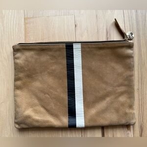 Clare V. Tan Leather Toiletry Bag with Black and White Stripe